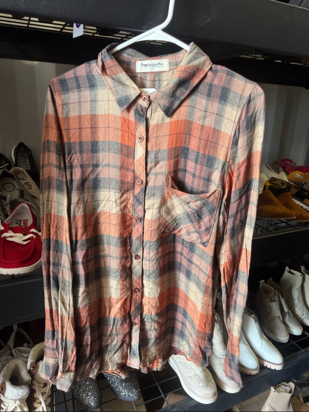 Impressions Navy & Orange Plaid Button-Up Shirt